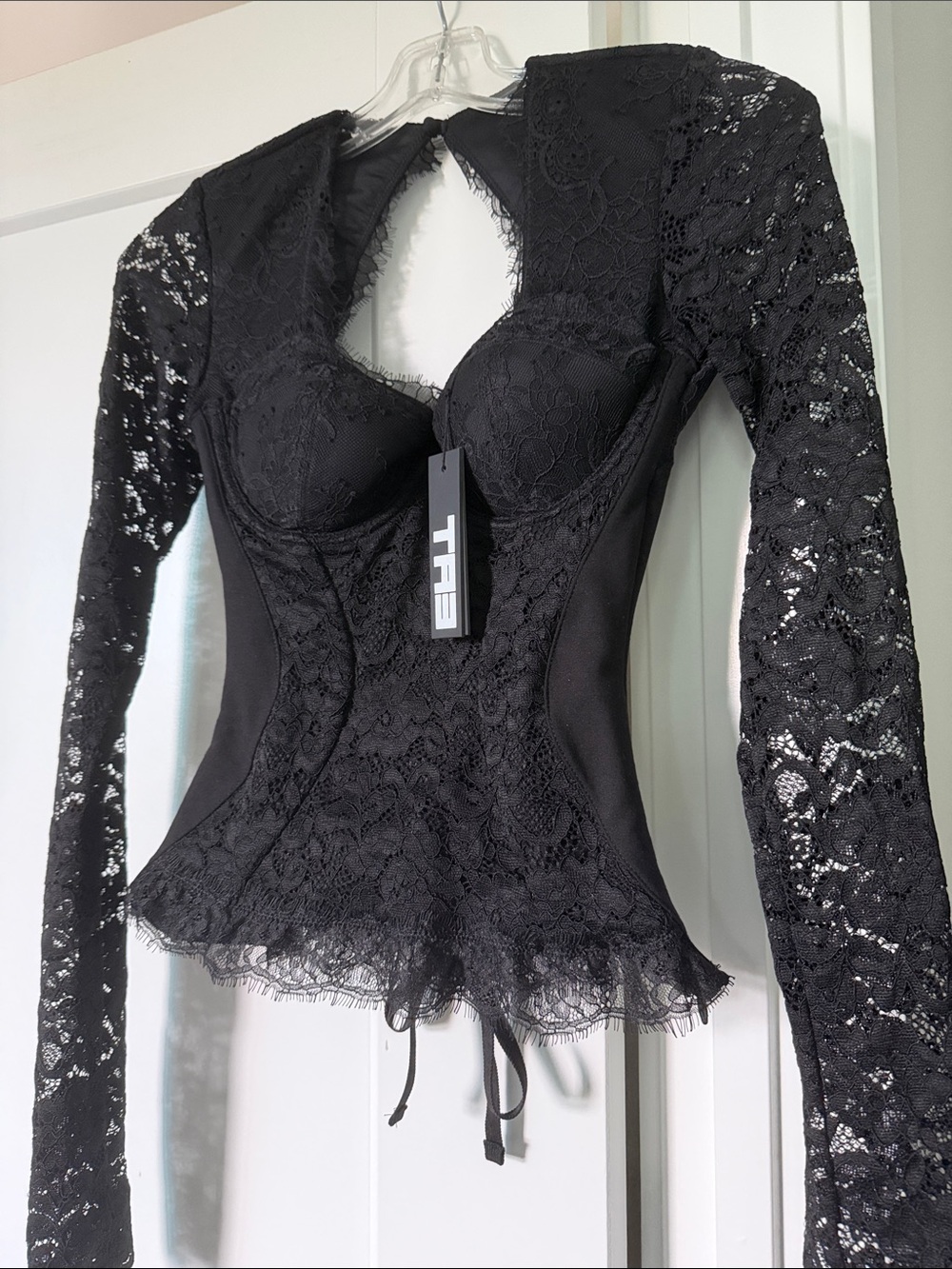 TR3 Lace Corset Top with Underwire Bustier Sheer Long Sleeve Size XS New